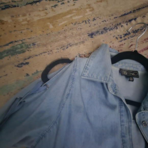 NEW!! Zara Blue Denim Open Shoulder Flare Sleeve Shirt - Picture 3 of 9